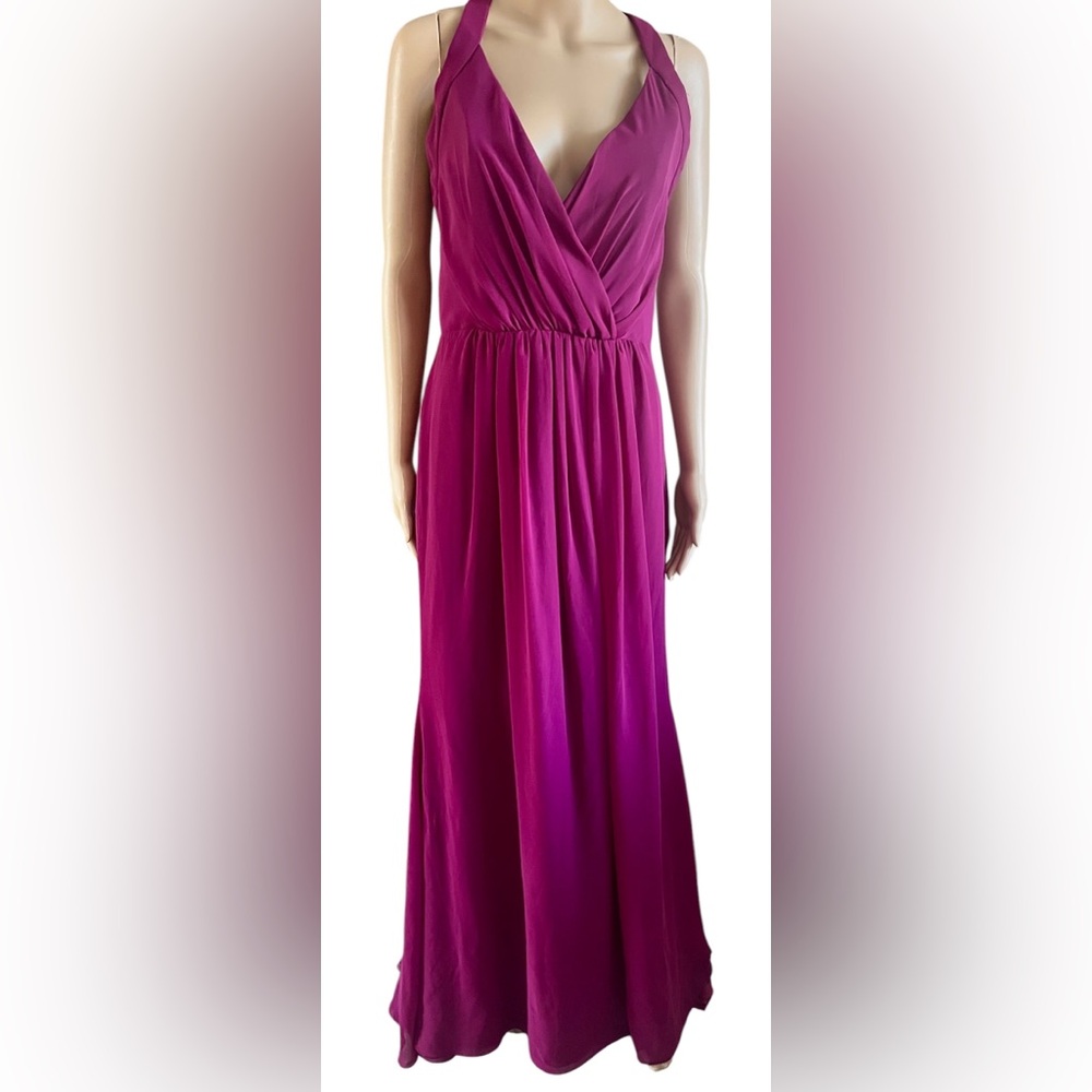 HP 🥳🔥 Hayley Paige Occasions Azalea Chiffon Pleated Halter Maxi Dress - Picture 4 of 8